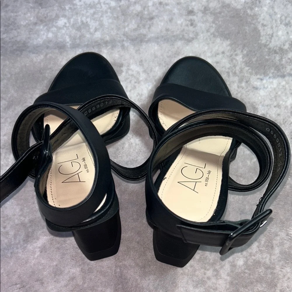 NWT AGL Janis Sandal Black Platform Sandals Heel Ankle Wrap Buckle Size 39